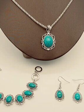 Artificial Turquoise Bracelet Necklace Earring Set